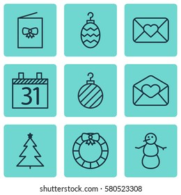 Set Of 9 Celebration Icons. Includes Celebration Card, Decorated Tree, Garland Symbols. Beautiful Design Elements.