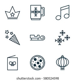 Set Of 9 Celebration Icons. Includes Crotchets, Star Snow, Traditional Lamp And Other Symbols. Beautiful Design Elements.