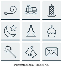 Set Of 9 Celebration Icons. Includes Lorry Birthday, Decorated Tree, Birthday Cake And Other Symbols. Beautiful Design Elements.