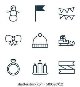 Set Of 9 Celebration Icons. Includes Sleigh, Wedding Jewel, Flag Point And Other Symbols. Beautiful Design Elements.