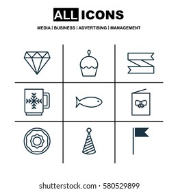Set Of 9 Celebration Icons. Includes Fishing, Winter Cup, Celebration Card And Other Symbols. Beautiful Design Elements.