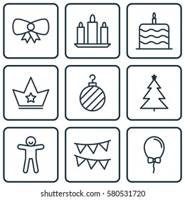 Set Of 9 Celebration Icons. Includes Corona, Shortcake, Decorated Tree And Other Symbols. Beautiful Design Elements.