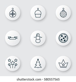 Set Of 9 Celebration Icons. Includes Pizza Meal, Birthday Cake, Decorated Tree And Other Symbols. Beautiful Design Elements.