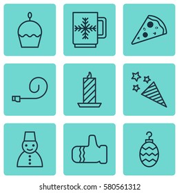 Set Of 9 Celebration Icons. Includes Birthday Cake, Christmas Toy, Celebrate Whistle And Other Symbols. Beautiful Design Elements.
