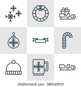 Set Of 9 Celebration Icons. Includes Lollipop, Winter Cup, Garland Symbols. Beautiful Design Elements.