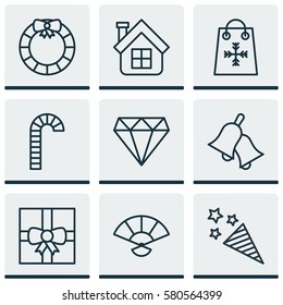 Set Of 9 Celebration Icons. Includes Trading, Residential, Ringer And Other Symbols. Beautiful Design Elements.