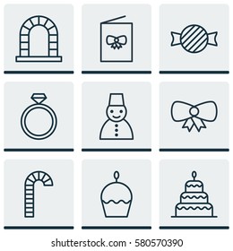 Set Of 9 Celebration Icons. Includes Dessert, Arch, Celebration Card And Other Symbols. Beautiful Design Elements.