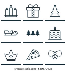 Set Of 9 Celebration Icons. Includes Decorated Tree, Wax, Holiday Ornament And Other Symbols. Beautiful Design Elements.