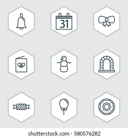Set Of 9 Celebration Icons. Includes Sweet, Winter, Handbell Symbols. Beautiful Design Elements.