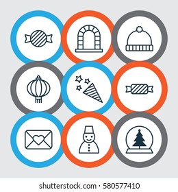 Set Of 9 Celebration Icons. Includes Magic Sphere, Toffee Candy, Celebration Letter Symbols. Beautiful Design Elements.