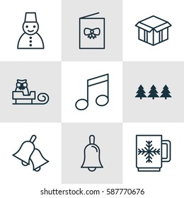 Set Of 9 Celebration Icons. Includes Ringer, Handbell, Crotchets Symbols. Beautiful Design Elements.