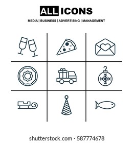 Set Of 9 Celebration Icons. Includes Lorry Birthday, Sled, Champagne Glasses And Other Symbols. Beautiful Design Elements.