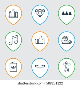 Set Of 9 Celebration Icons. Includes Brilliant, Toboggan, Celebration Card And Other Symbols. Beautiful Design Elements.