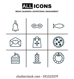 Set Of 9 Celebration Icons. Includes Carnival Face, Trading, Fishing And Other Symbols. Beautiful Design Elements.