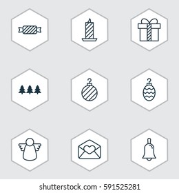 Set Of 9 Celebration Icons. Includes Christmas Ball, Fire Wax, Handbell Symbols. Beautiful Design Elements.