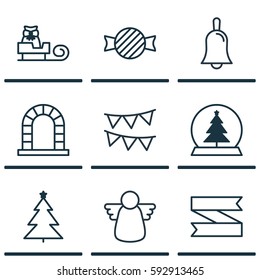Set Of 9 Celebration Icons. Includes Magic Sphere, Arch, Decorated Tree And Other Symbols. Beautiful Design Elements.