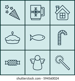 Set Of 9 Celebration Icons. Includes Lollipop, Sparkles, Fishing And Other Symbols. Beautiful Design Elements.