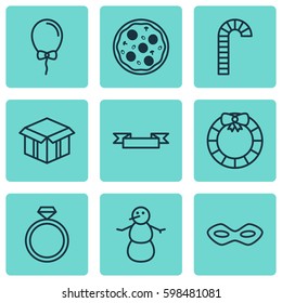 Set Of 9 Celebration Icons. Includes Lollipop, Placard, Balloon And Other Symbols. Beautiful Design Elements.