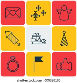 Set Of 9 Celebration Icons. Includes Archangel, Mitten, Flag Point And Other Symbols. Beautiful Design Elements.