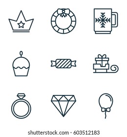 Set Of 9 Celebration Icons. Includes Garland , Brilliant, Corona Symbols. Beautiful Design Elements.