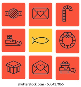 Set Of 9 Celebration Icons. Includes Greeting Email, Lollipop, Toboggan And Other Symbols. Beautiful Design Elements.