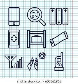 Set of 9 cell outline icons such as luggage storage, baby monitor phone, bacteria, phone, mobile signal, battery, solar panel, wavy phone