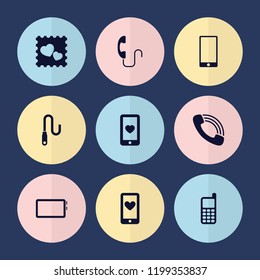 Set of 9 cellphone filled icons such as heart mobile, photo with heart, call, wire, heartbeat on phone, phone