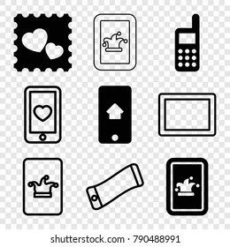 Set of 9 cellphone filled and outline icons such as photo with heart, phone, home on phone display, heart mobile