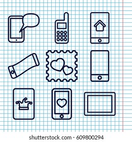 Set of 9 cellphone outline icons such as Poker on phone, heart mobile, photo with heart, phone
