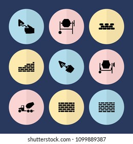 Set of 9 cement filled icons such as concrete mixer, trowel