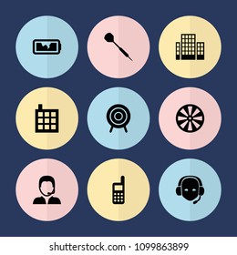 Set of 9 center filled icons such as building, dart, support, target, phone, broken battery