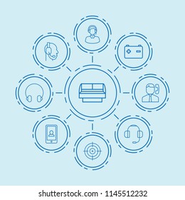 Set of 9 center outline icons such as car battery, call center, phone, headphone, headphones, store window, customer care