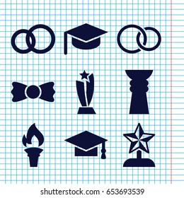 Set of 9 ceremony filled icons such as graduation cap, bow tie, rings, torch, trophy, star trophy, graduation hat