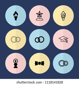 Set of 9 ceremony filled and outline icons such as bow tie, engagement rings, torch, trophy, graduation cap, rings