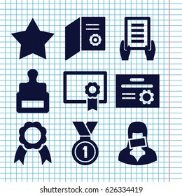 Set of 9 certificate filled icons such as stamp, Star, holding document, censored woman, ribbon, medal
