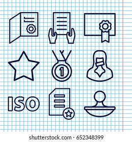 Set of 9 certificate outline icons such as star, holding document, censored woman, stamp, iso, diploma