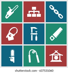 set of 9 chain filled icons such as gong, saw, chainsaw, structure