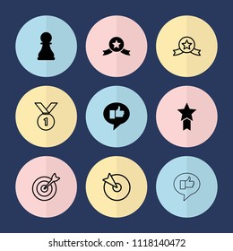 Set of 9 challenge filled and outline icons such as chess pawn, medal with star, target, number 1 medal