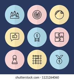 Set of 9 challenge outline icons such as puzzle, bowling ball, labyrinth, thumb up, ranking, chess pawn, number 1 medal