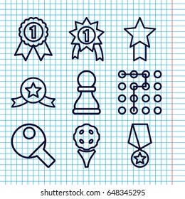 Set of 9 challenge outline icons such as chess pawn, table tennis, number 1 medal, medal with star, labyrinth