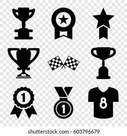 Set of 9 champion filled icons such as medal, finish flag, trophy, football t shirt, number 1 medal