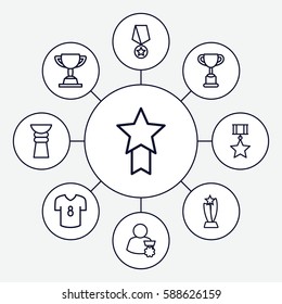 Set of 9 champion outline icons such as football t shirt, trophy, man with medal