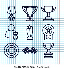 Set of 9 champion outline icons such as finish flag, trophy, medal, man with medal, medal with star