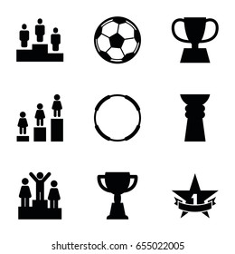 set of 9 championship filled icons such as ranking, trophy, 1st place star, fotball