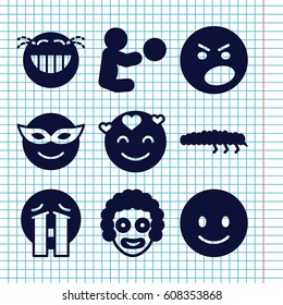 Set of 9 character filled icons such as smiling emot, emoji in mask, laughing emot, crying emoji, caterpillar, clown