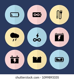 Set of 9 charge filled icons such as battery, wire, low battery