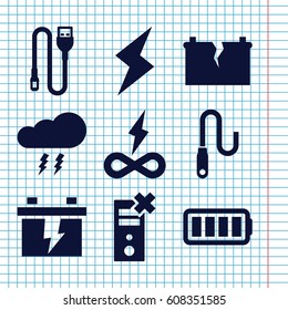 Set of 9 charge filled icons such as battery, wire, ful battery, flash, thunderstorm