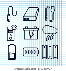 Set of 9 charge outline icons such as battery, wire, thunderstorm, endless battery
