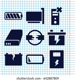 Set of 9 charger filled icons such as battery, low battery, broken battery, phone connection cable, cable