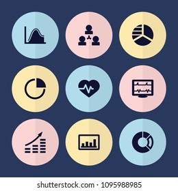 Set of 9 chart filled icons such as pie chart, heartbeat, graph, structure